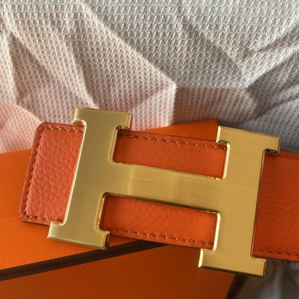Double Sided Belt Metal Belt H Buckle Hermes Orange/Black